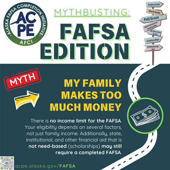 There is no income limit for the FAFSA. Your eligbility depends on several factors, not just familiy income. Additionally, state, institutional, and other financial aid that is not need-based, scholarships may still require a completed FAFSA.