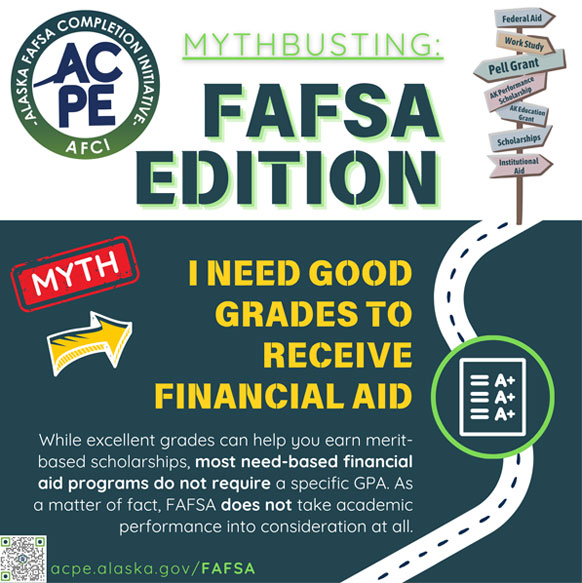 While excellent grades can help you earn merit-based scholarships, most need-based financial aid programs do not require a specific GPA. As a matter of fact, FAFSA does not take academic performance into consideration at all.