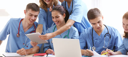 Medical students walking in the halls of hospital 
